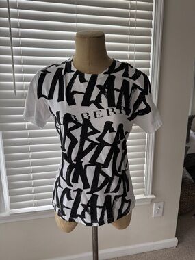 Burberry White and Black Graffiti Logo Tee